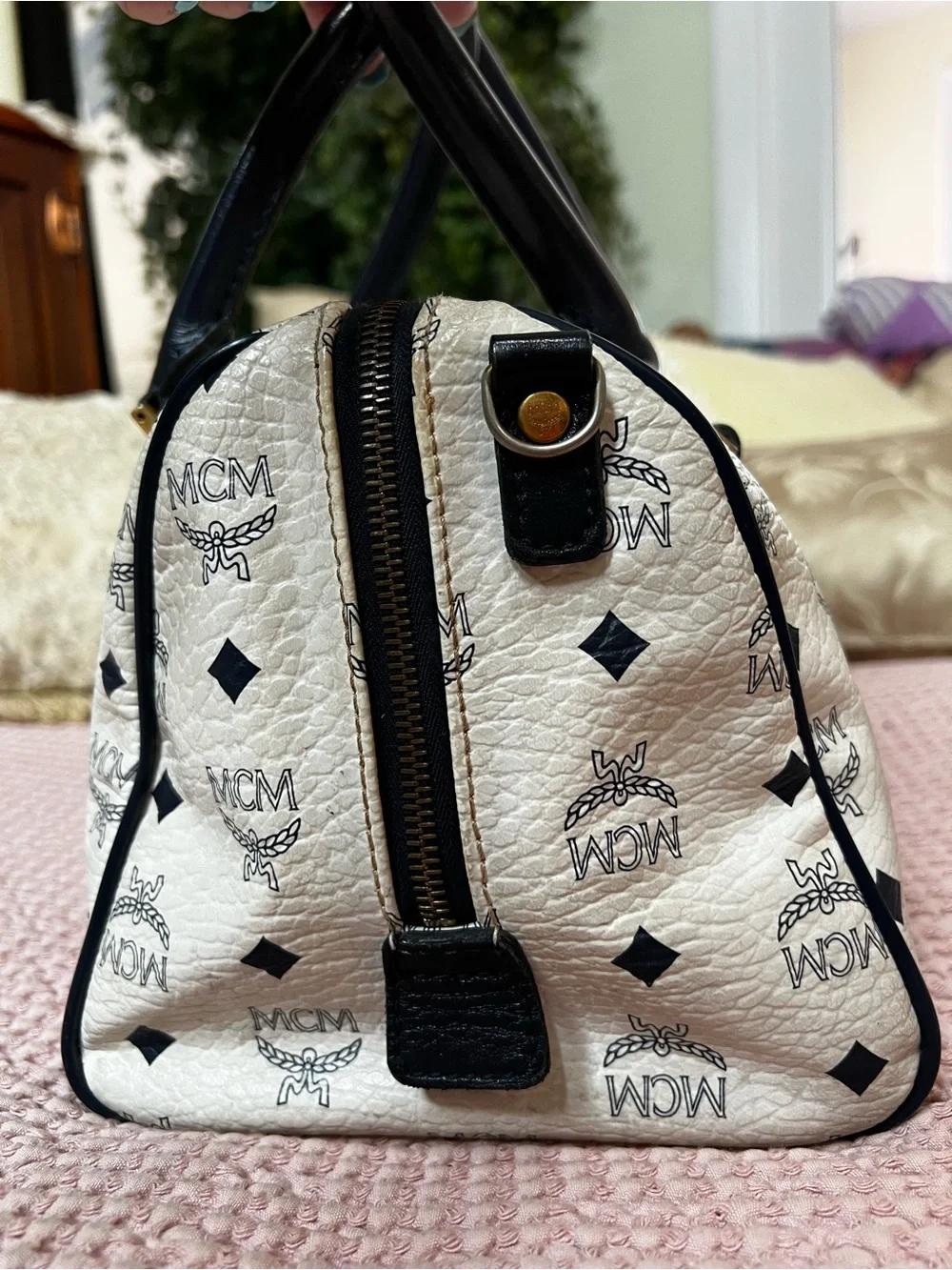 MCM Vintage White Visetos Boston Satchel Bag Navy Leather Gold Hardware